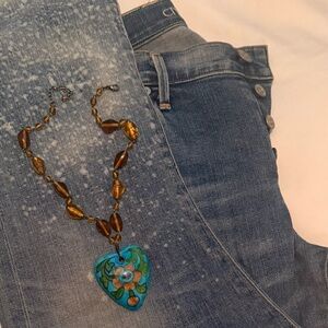 Handcrafted Floral Pendant Necklace - Blue and Brown